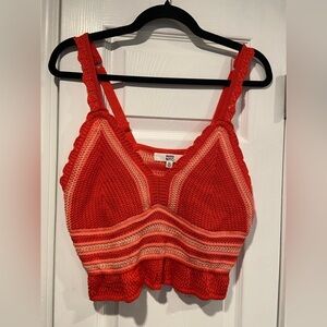NWT Madden NYC Size XL Orange Coral Stripe Crochet Crop Top V Neck Adjustable